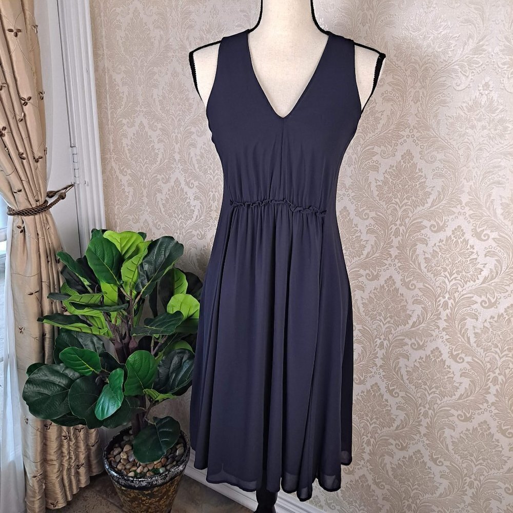 Ann Taylor Petite Size SP Navy Blue Sleeveless Dress Ruffle Waist Detail NWOT